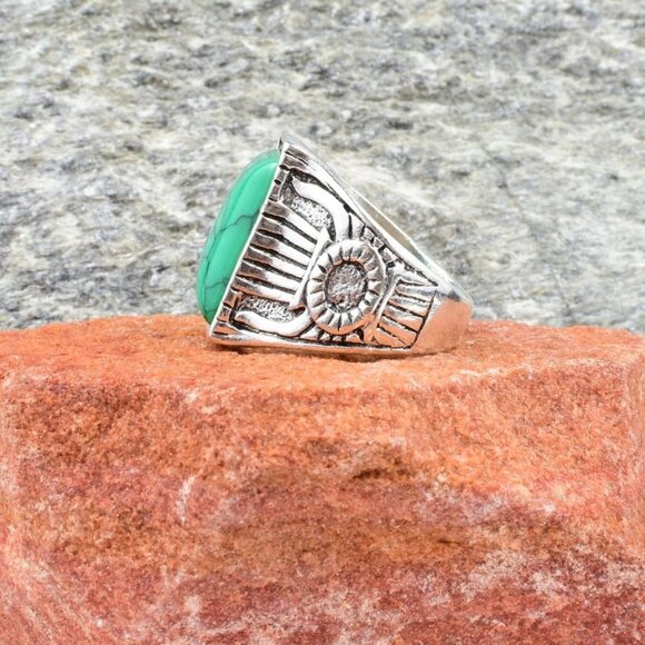 Ridge Weston Mens Square Green Turquoise Etched Silver Ring Size 9 Gift Boxed - Picture 3 of 9